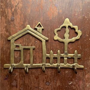 Vintage Solid Brass 5-Hook Wall Hanging House Tree & Fence Key Holder Decor